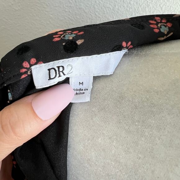 Dr2 Black Velvet Polka Dot Floral Back Tie Blouse Women's M Flutter Sleeve Top - Picture 6 of 7